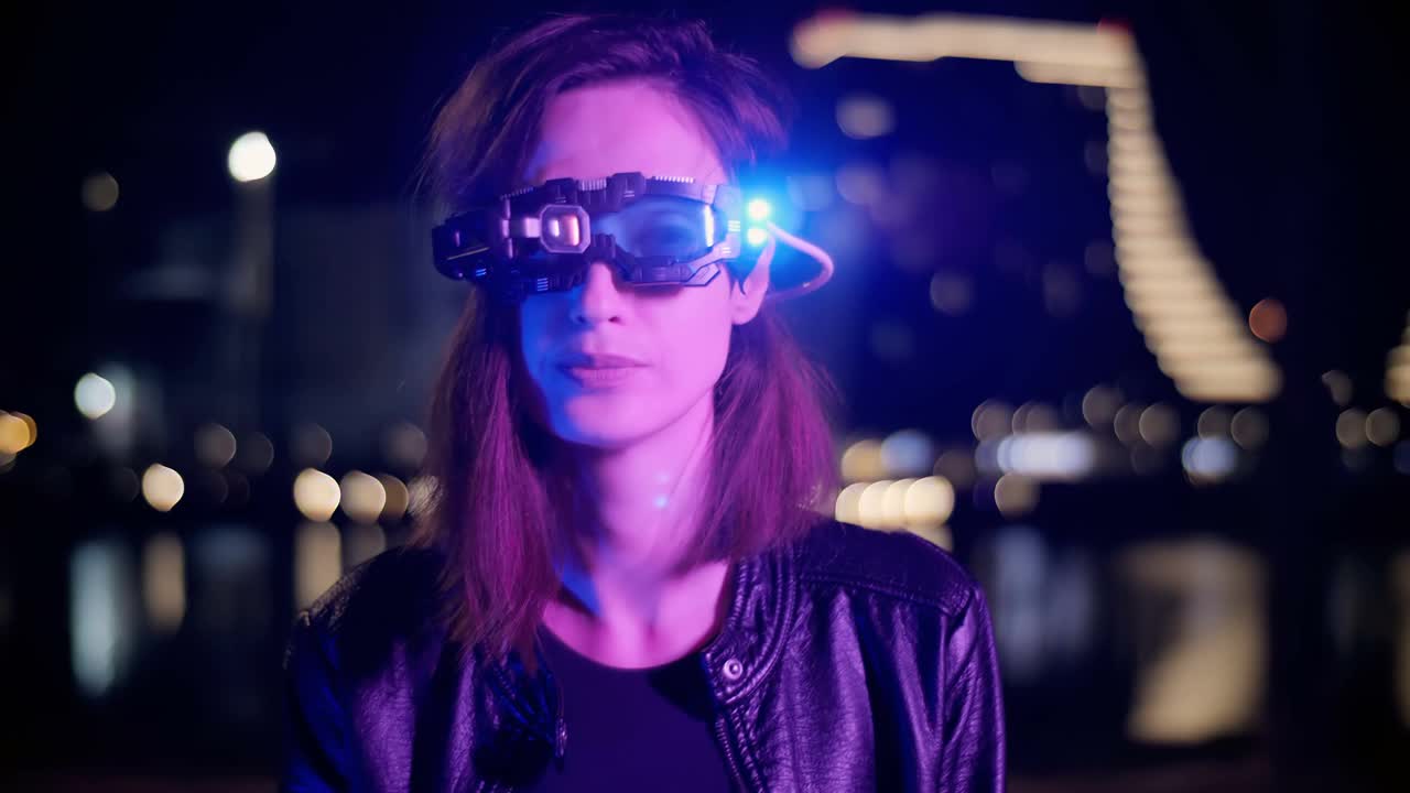 未来的网络女人穿着皮夹克，戴着3d眼镜视频素材
