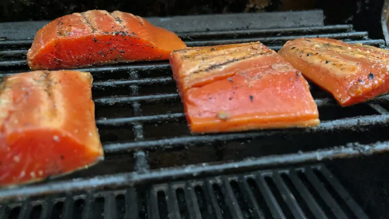 烧烤烤调味鲑鱼鱼片铸铁炉慢动作视频系列视频下载