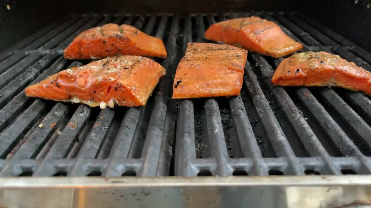 烧烤烤调味鲑鱼鱼片铸铁炉慢动作视频系列视频下载