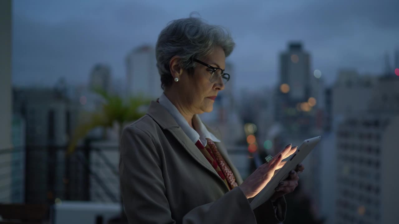 一位资深女商人在屋顶上思考和使用数字平板电脑视频素材