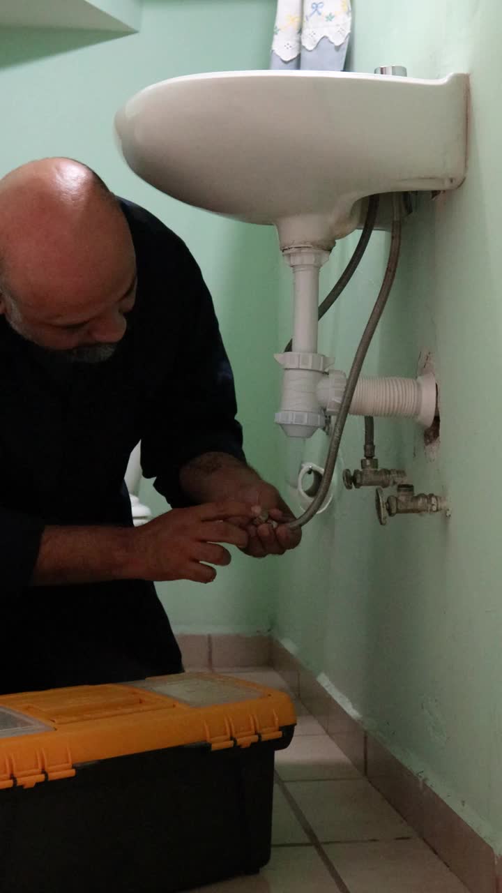 水管工人正在修理浴室的水槽软管视频下载