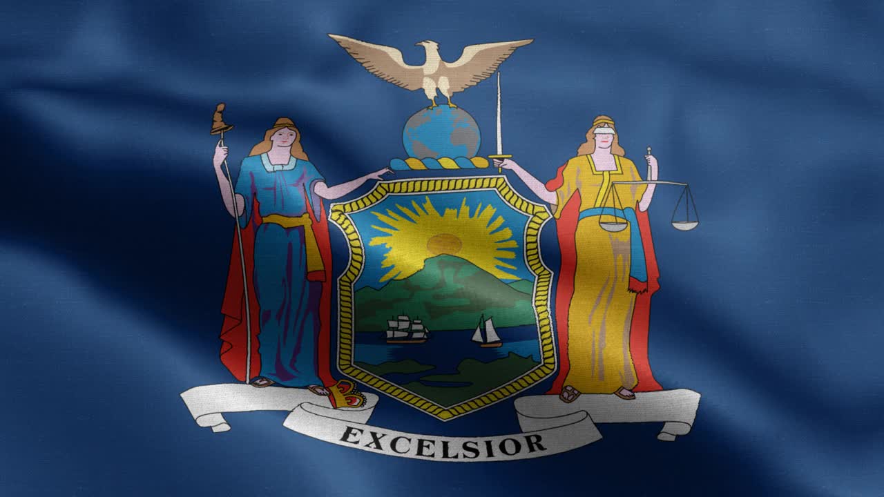 纽约州-国旗的纽约州-纽约州国旗高细节-国旗纽约州波浪图案循环元素-织物纹理和无尽的循环-纽约州循环国旗-美国的州旗视频下载