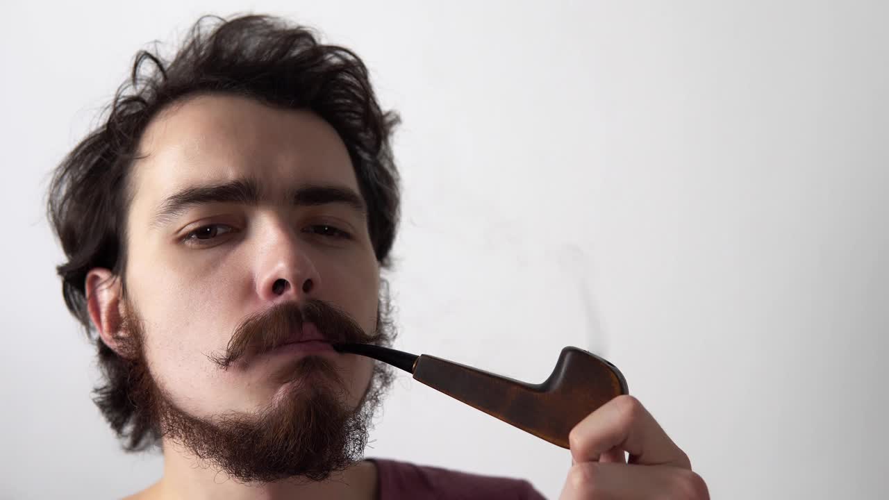 满脸胡须的男子正在抽着传统的复古烟斗，从鼻孔呼出烟雾，然后面带微笑视频下载