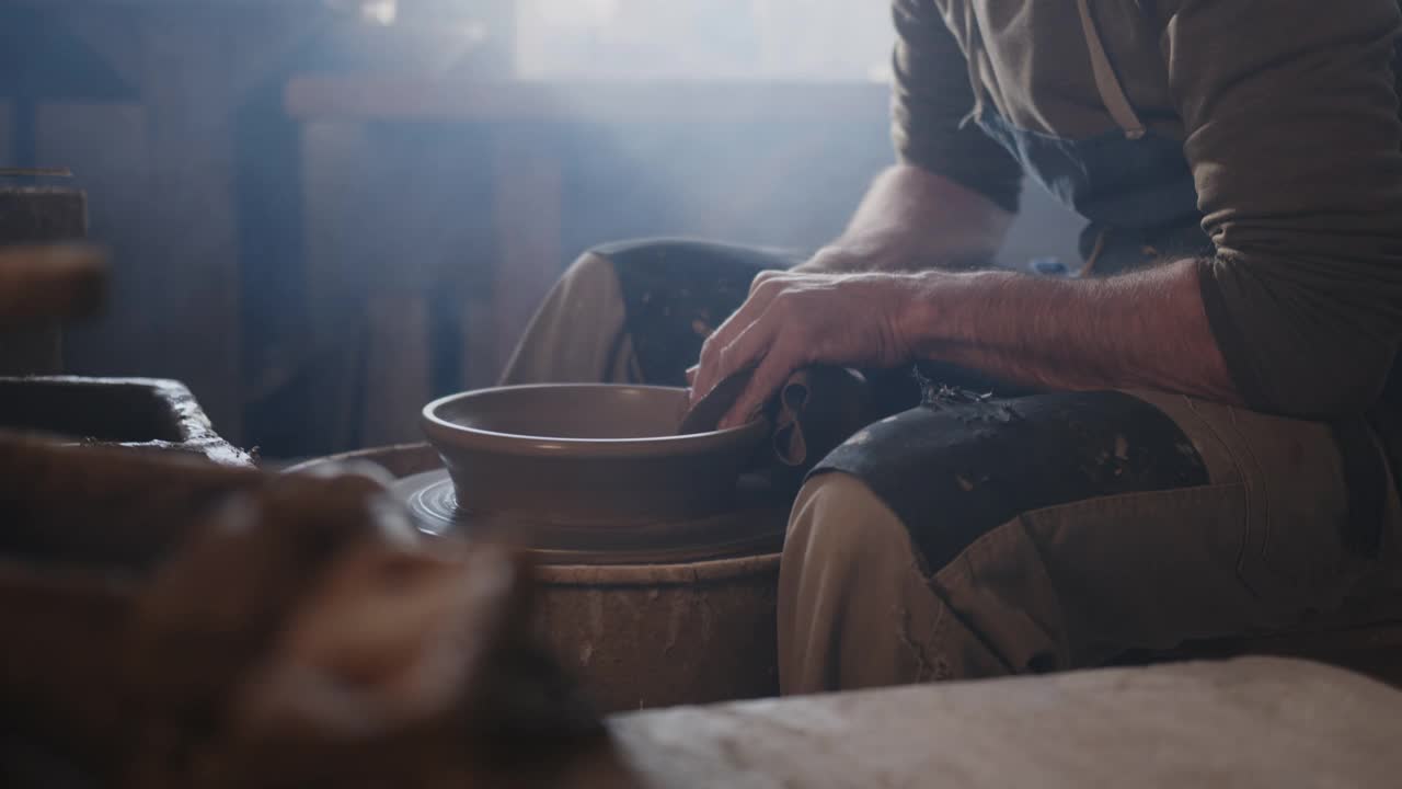 陶工在陶轮上塑造粘土视频素材