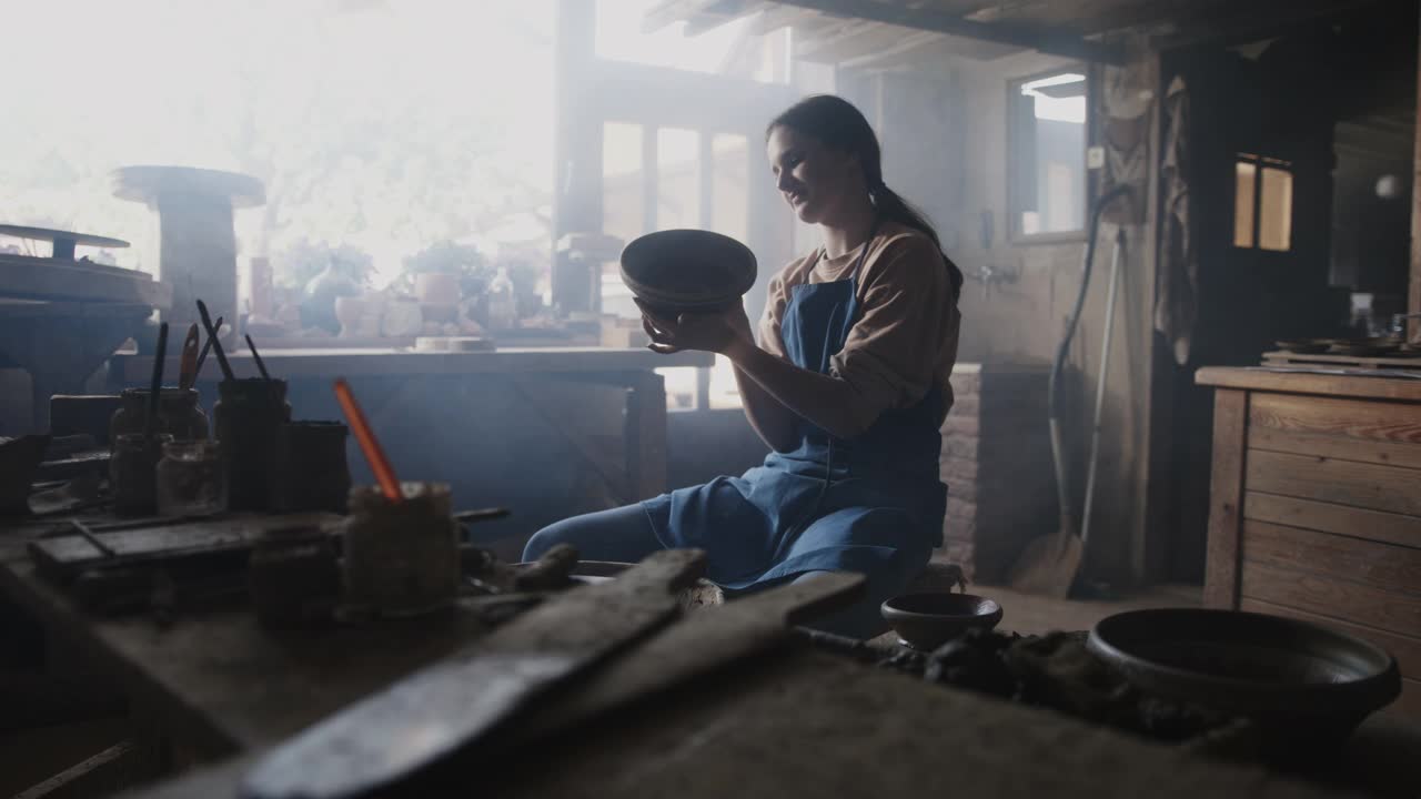 一位年轻的女陶工看着她制作的碗视频素材