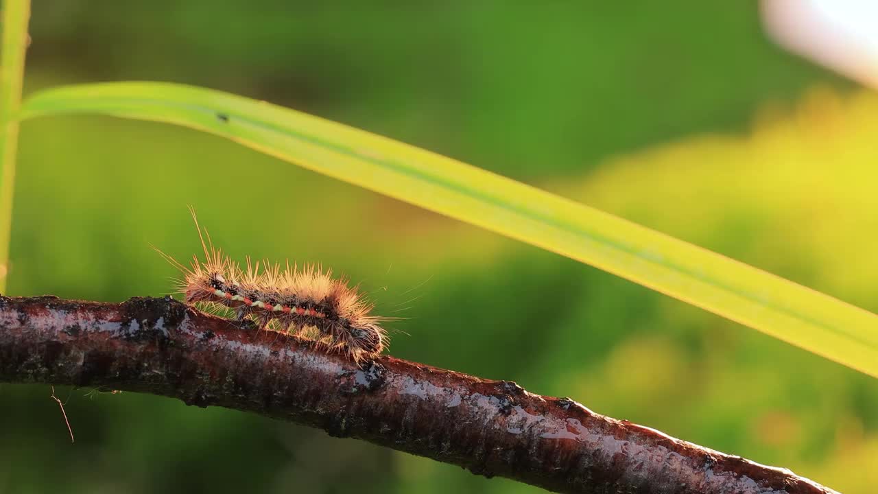 黄尾蛾(Euproctis similis)毛虫、金尾蛾或天鹅蛾(Sphrageidus similis)是Erebidae科的一种毛虫。毛毛虫在绿色背景下沿着树枝爬行。视频素材