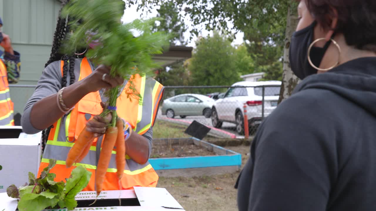中景:在社区中心，女性志愿者向戴着防护口罩的妇女展示CSA盒子里的胡萝卜视频素材
