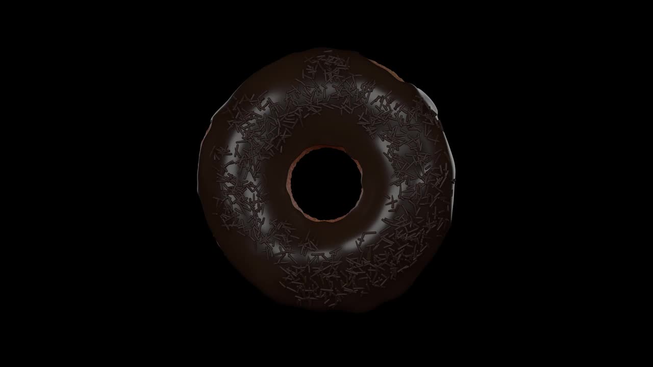 巧克力甜甜圈在黑色背景下旋转360度。3d循环隔离动画视频素材