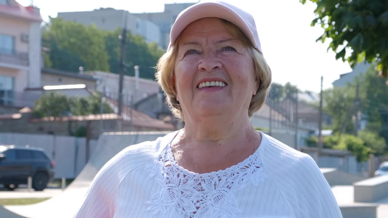 一个退休年龄的快乐女人的肖像，一个领退休金的人正在校正一顶从太阳上摘下的帽子视频素材
