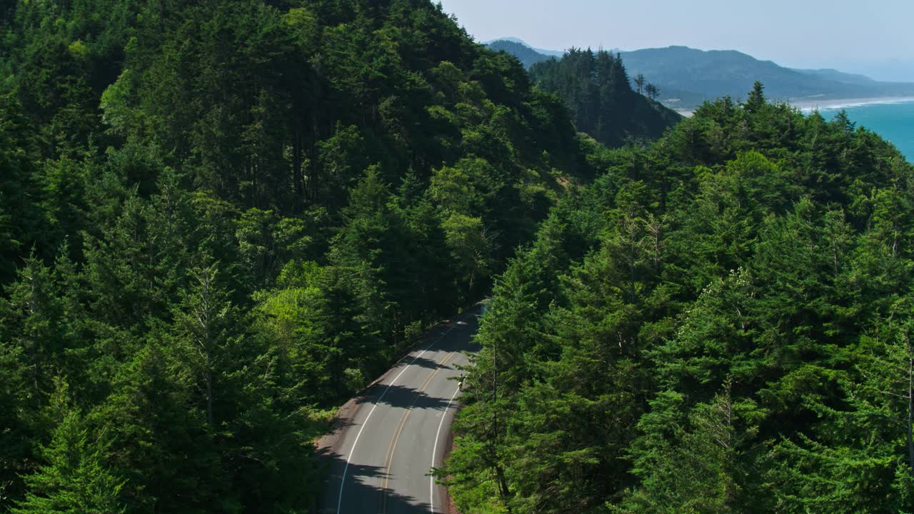 俄勒冈海岸公路蜿蜒在森林峭壁的顶端-空中视频素材