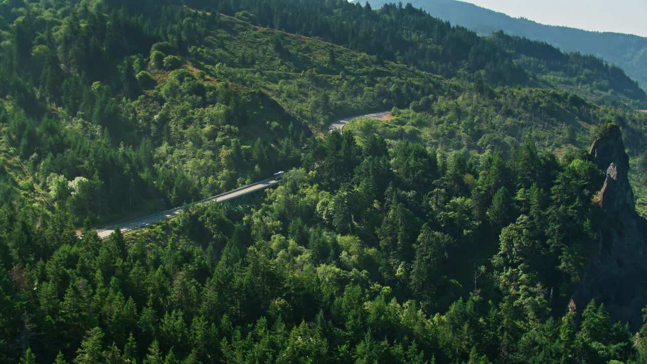 俄勒冈海岸公路跨越桥在森林山坡-空中视频下载
