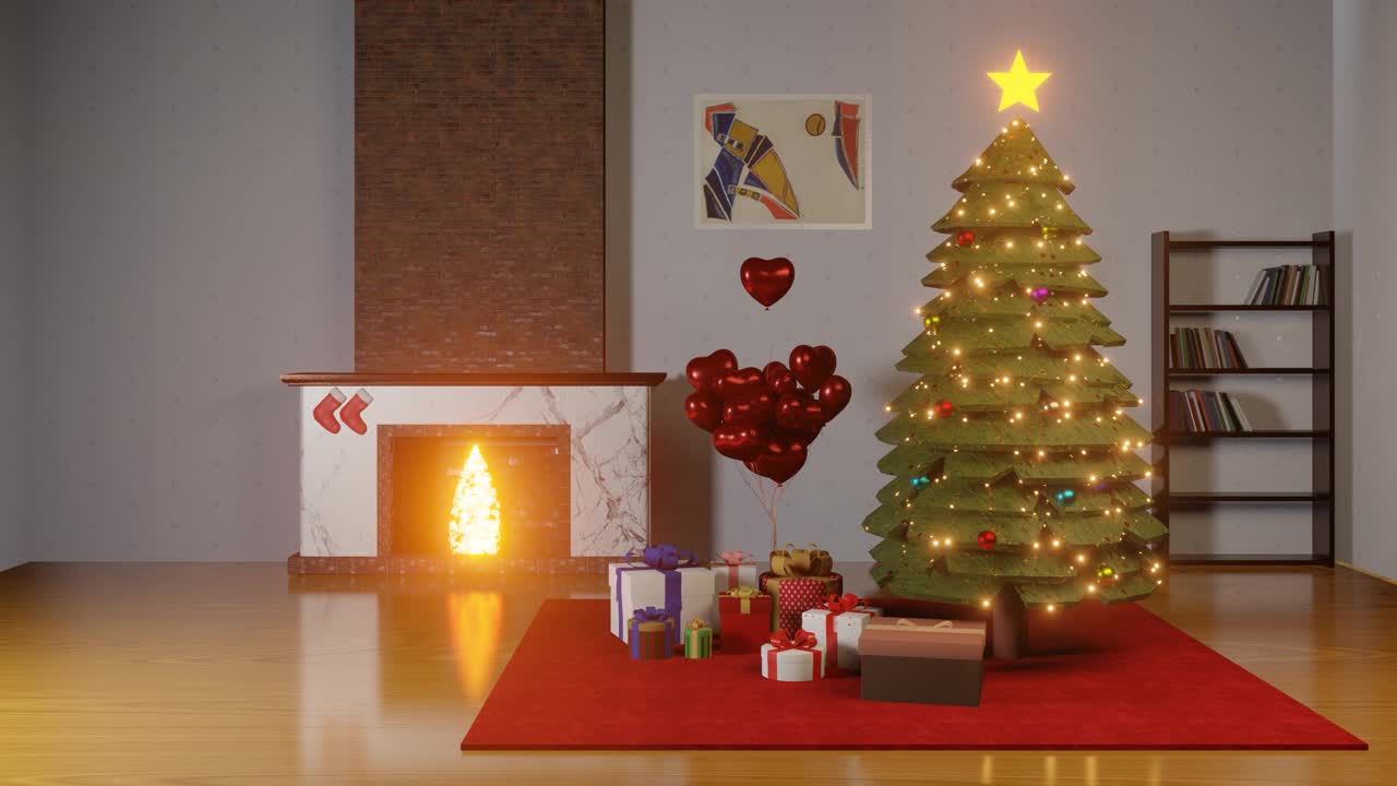 家中壁炉旁的圣诞树视频下载