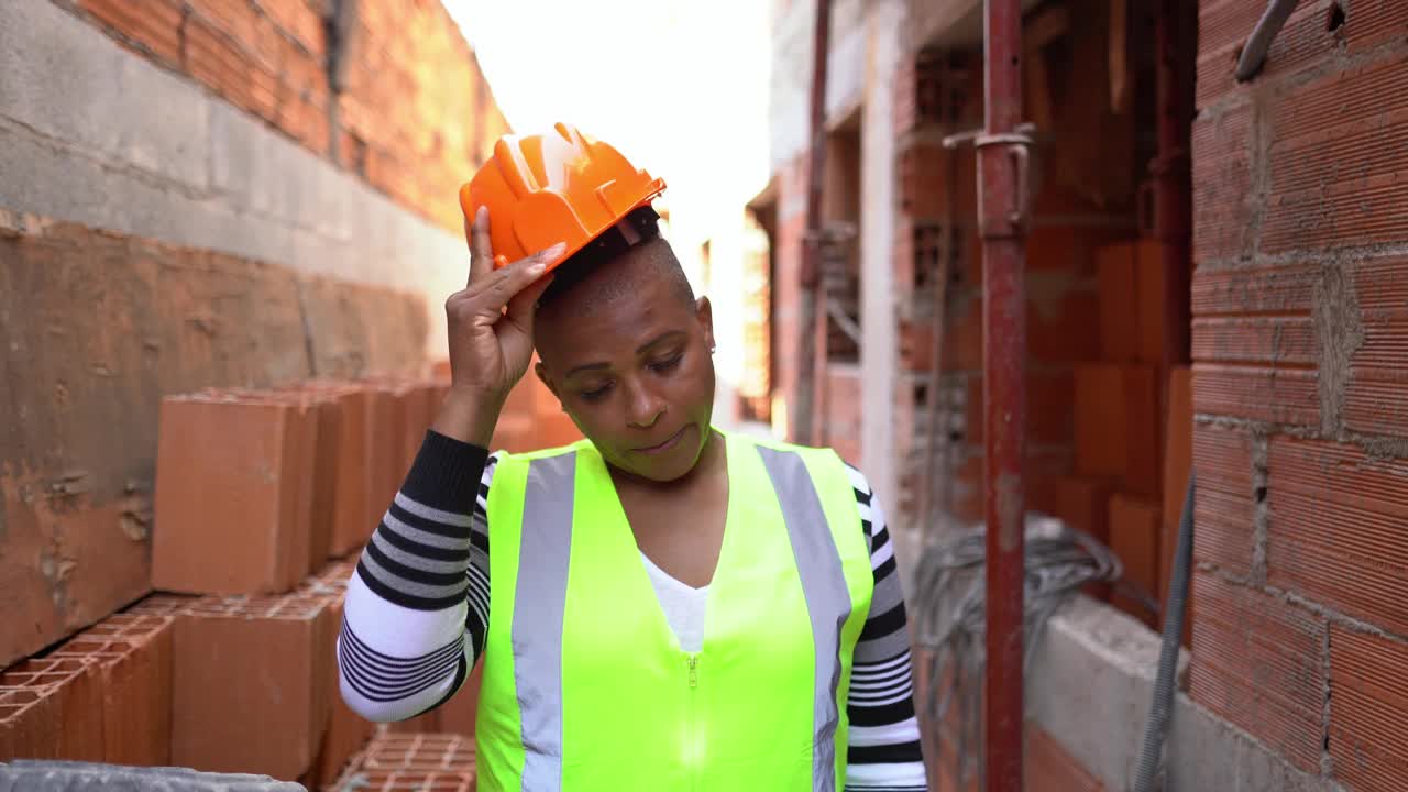 一名建筑工地的女建筑工人的肖像视频下载