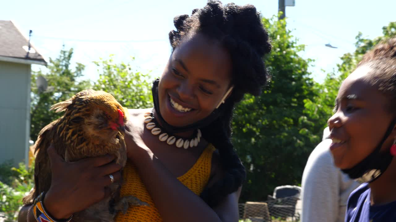 在城市农场工作的女人拿着鸡和女孩讨论的中特写镜头视频素材