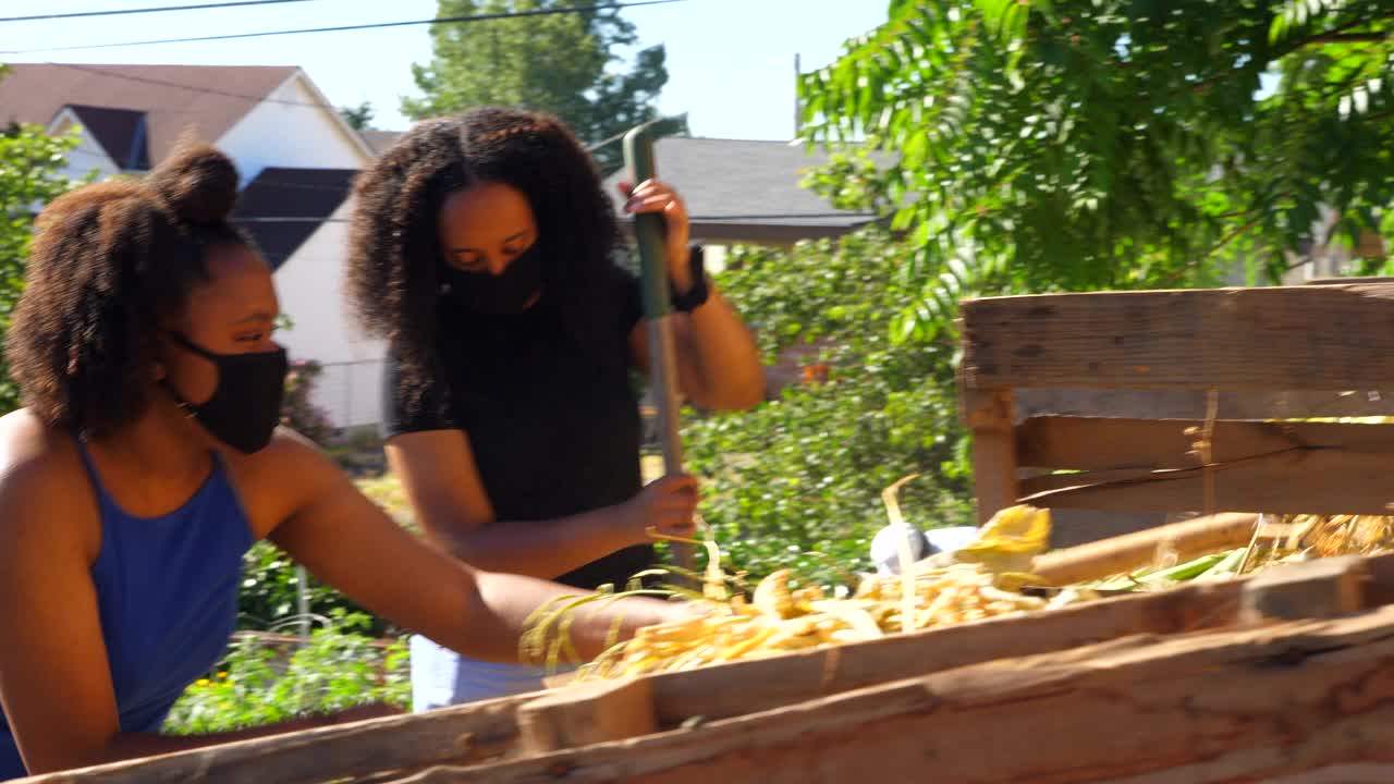 年轻女性戴着防护口罩在社区花园一起工作的中景视频素材