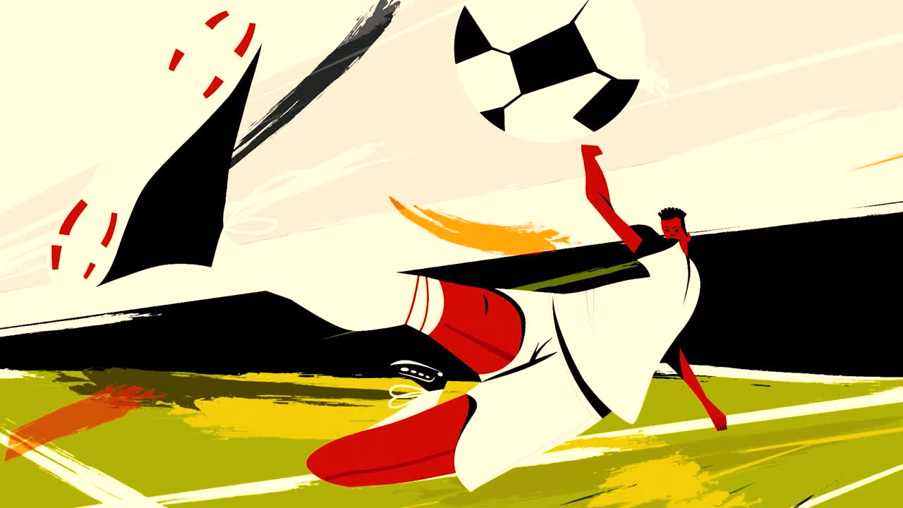 抽象动画剪影的男性足球运动员冻结在一个跳跃击球。运动。绿色场地上的体育比赛细节。视频下载