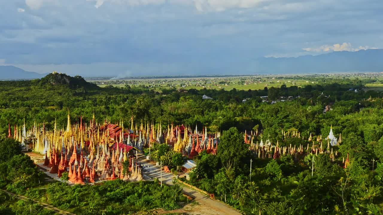 缅甸掸邦因莱湖为背景的瑞茵丹塔全景组视频下载
