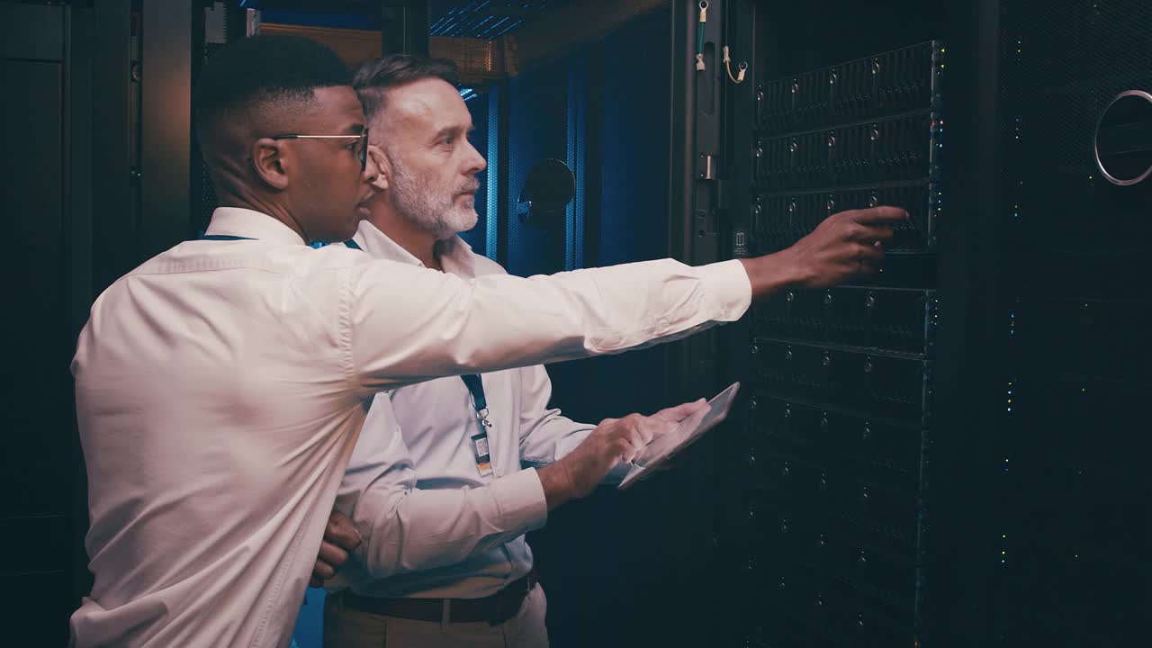 两名男子在服务器室工作时使用数字平板电脑的4k视频片段视频下载