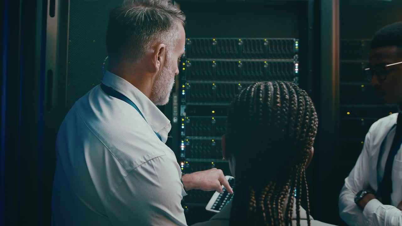 一组技术人员在服务器室工作时使用数字平板电脑的4k视频片段视频下载
