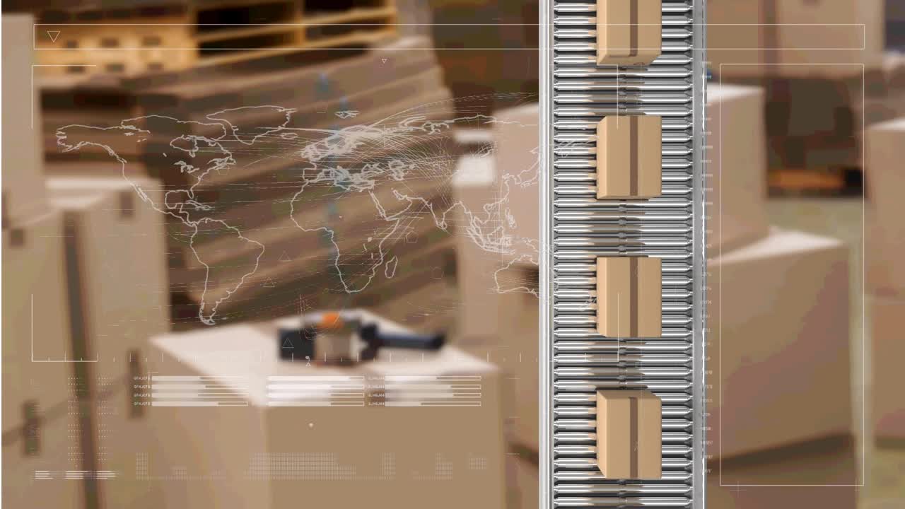 在仓库货架上的带式输送机辊上的连接和包装网络的动画视频素材