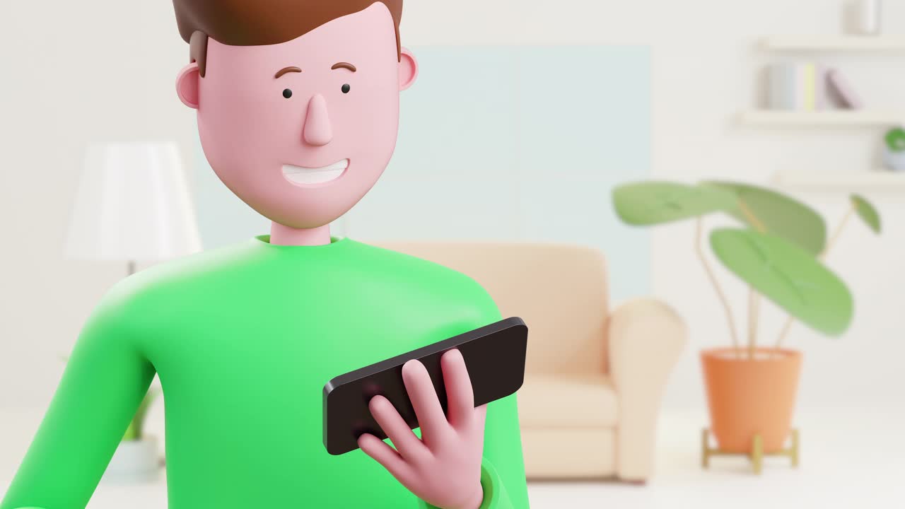 3d动画3d商人使用手机在家庭办公室。视频素材