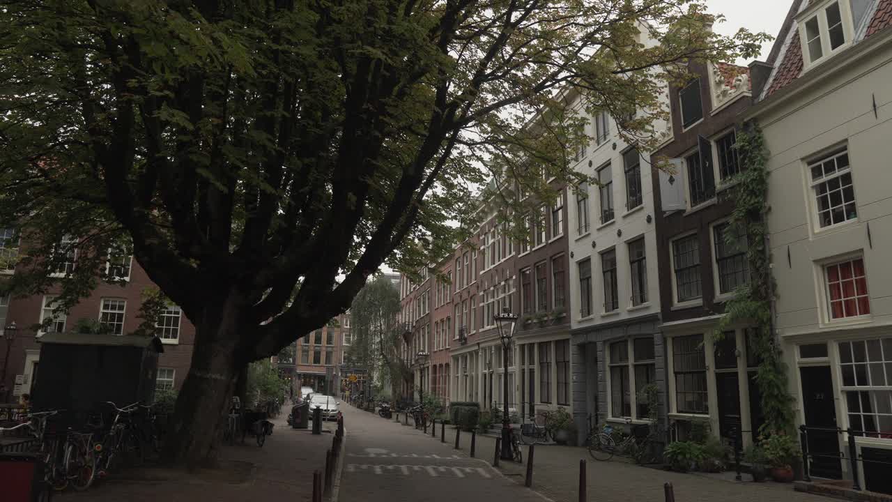 荷兰风格的房子沿着阿姆斯特丹的一条小路排成一排，天气不好，景色宜人视频素材