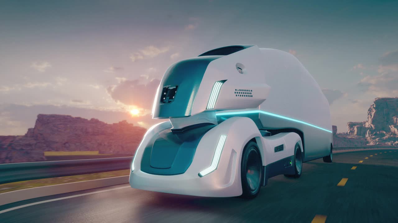 未来无人驾驶电动卡车在高速公路上行驶视频素材