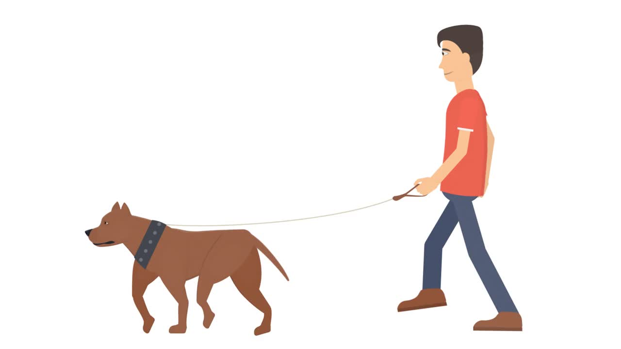 带着狗的男人。遛狗的动画。卡通视频下载