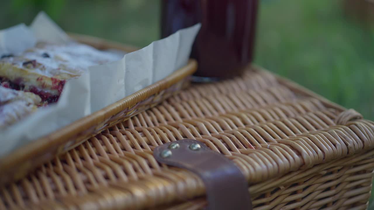 特写女手把派片放在盘子上的野餐篮子在户外。在秋春公园，一个陌生的年轻白人女子正在准备甜点。视频下载