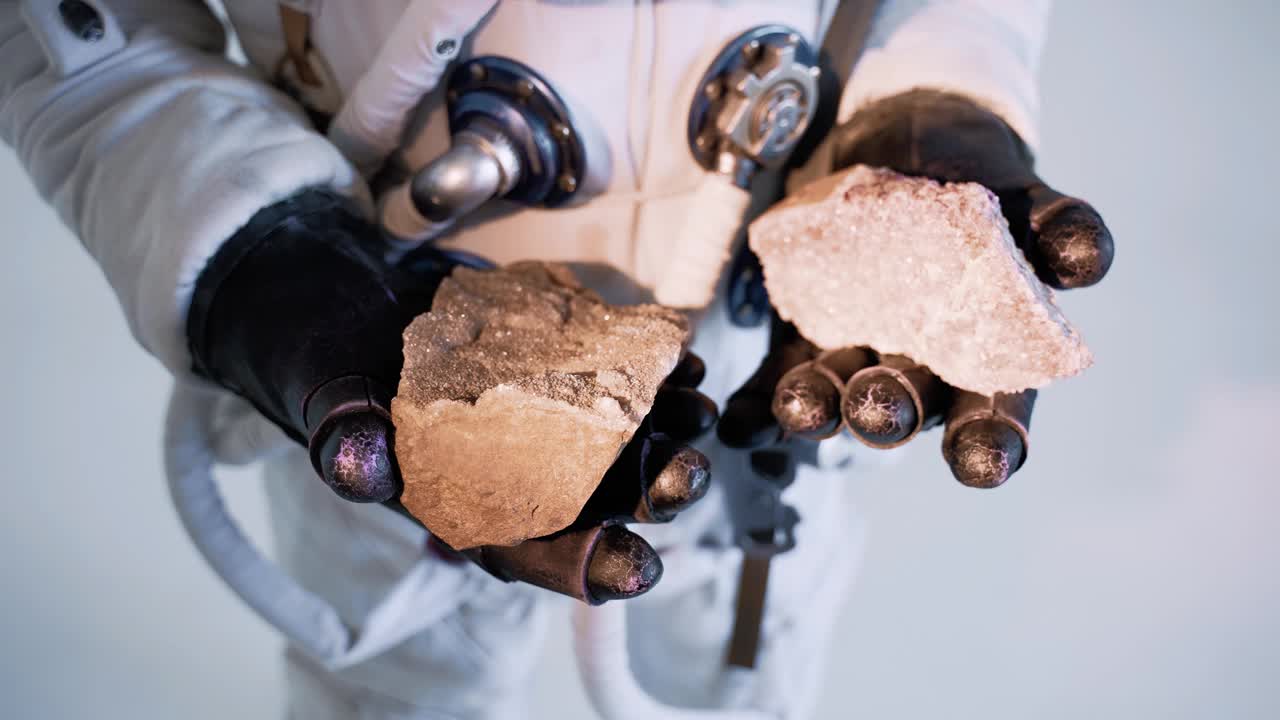 宇航员拿着石头，白色背景下的矿物质。工作室视频素材