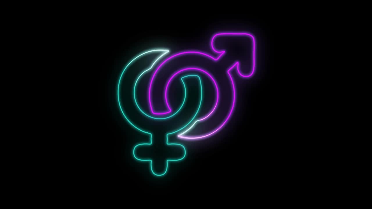 发光的霓虹灯线性别图标孤立在黑色背景。男人和女人的象征。性的象征。4K视频运动图形动画视频下载