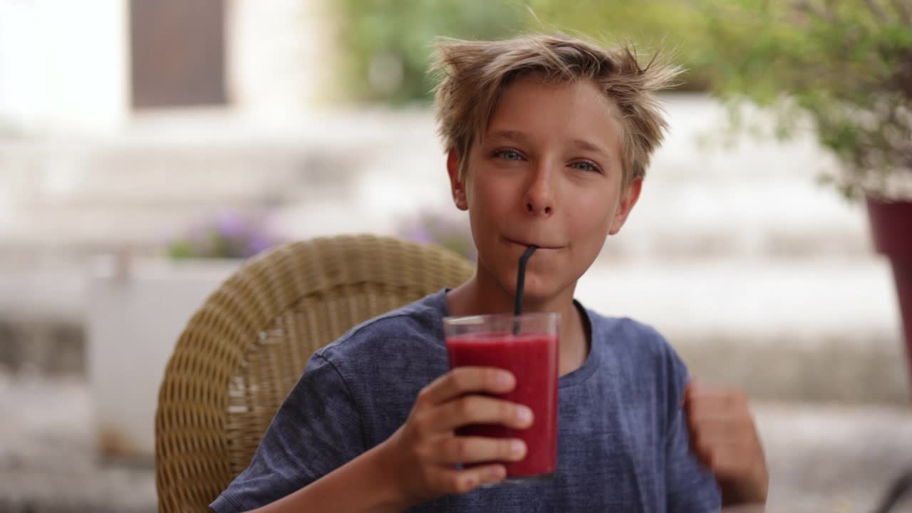 一个十几岁的男孩在餐厅喝着健康的冰沙视频素材