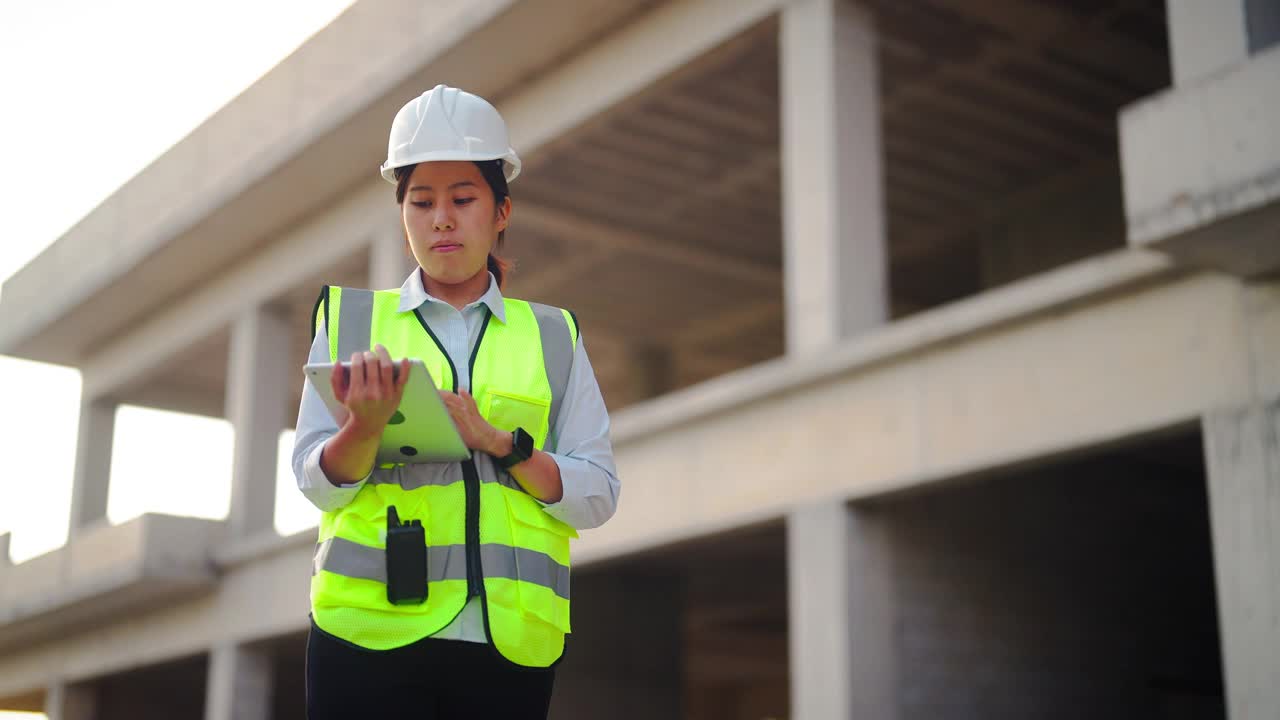 图为一名年轻女工程师在工地上手持数码平板电脑视频素材