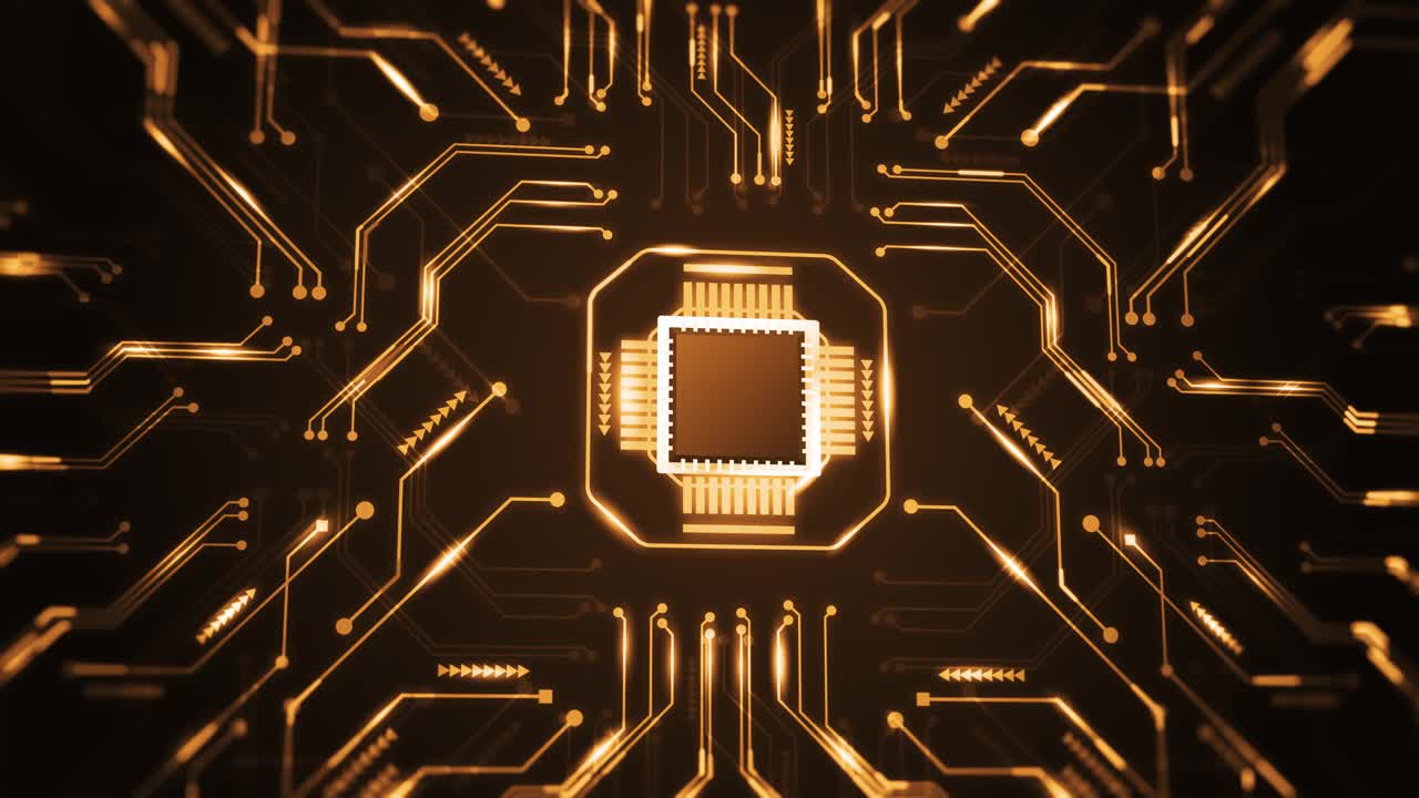 4K CPU中央处理器单元芯片组上的印刷电路板上的电子和技术概念选择焦点浅景深(可循环)视频素材