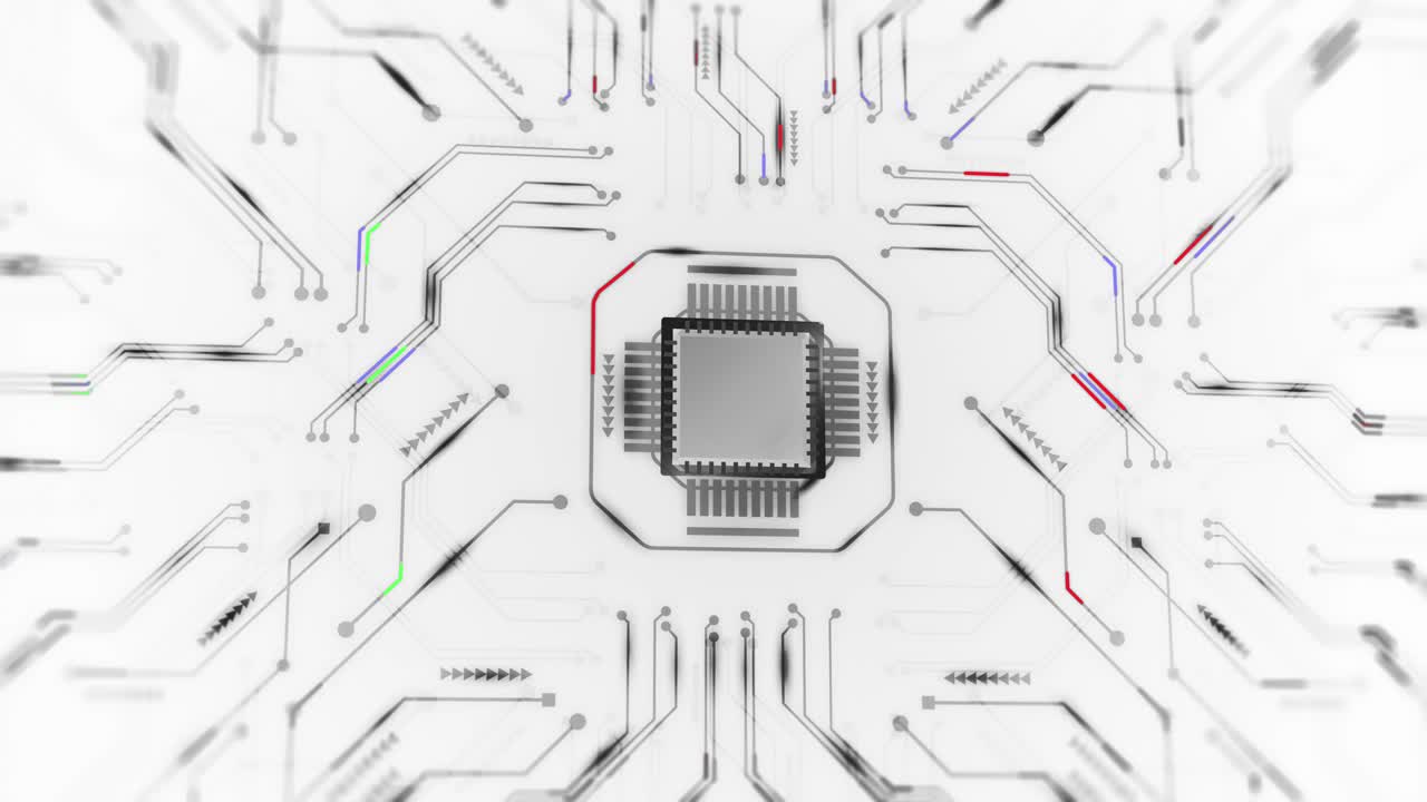 4K CPU中央处理器单元芯片组上的印刷电路板上的电子和技术概念选择焦点浅景深(可循环)视频素材