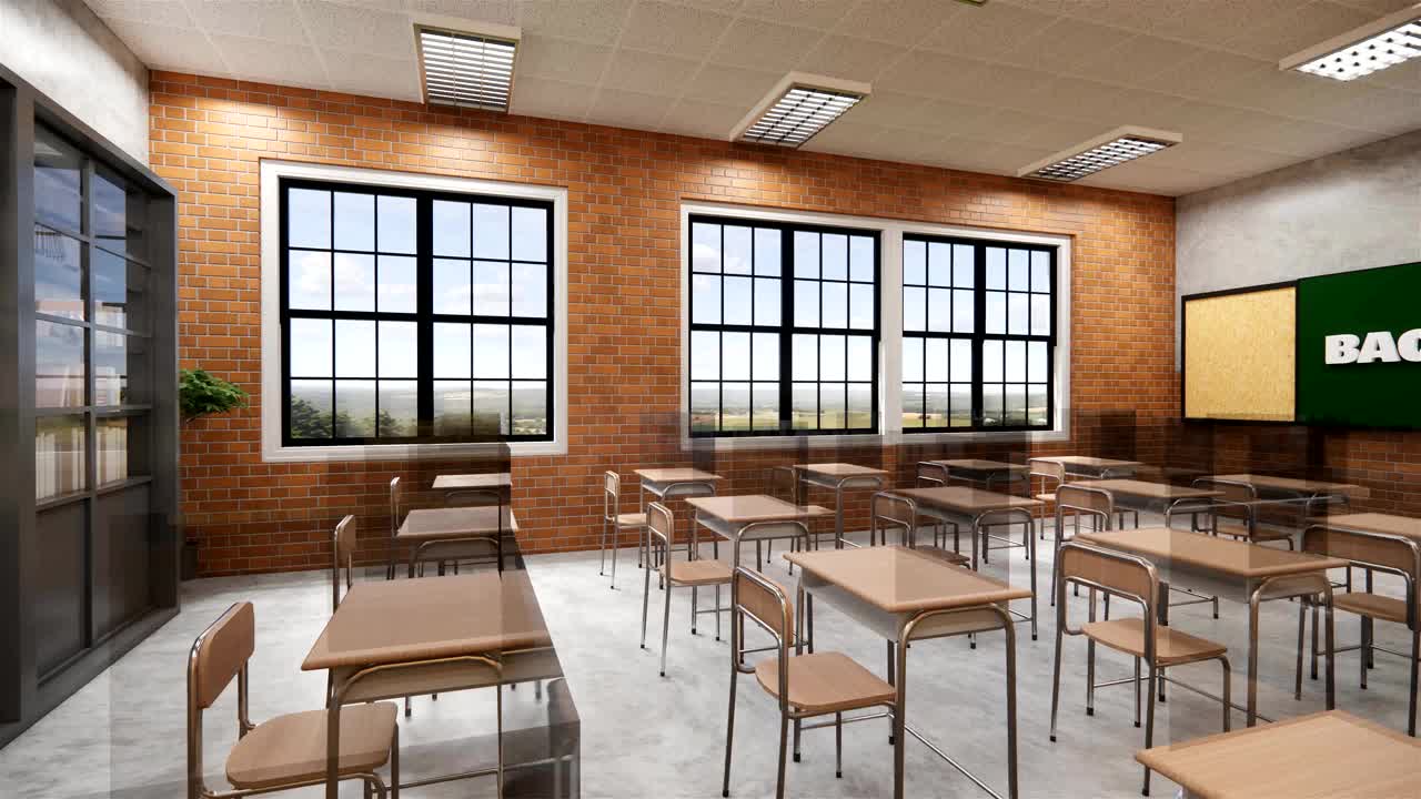 新常态教室和桌椅间距，防止新冠病毒(COVID-19)的传播。空教室是为了教和学。3 d渲染室内。视频素材