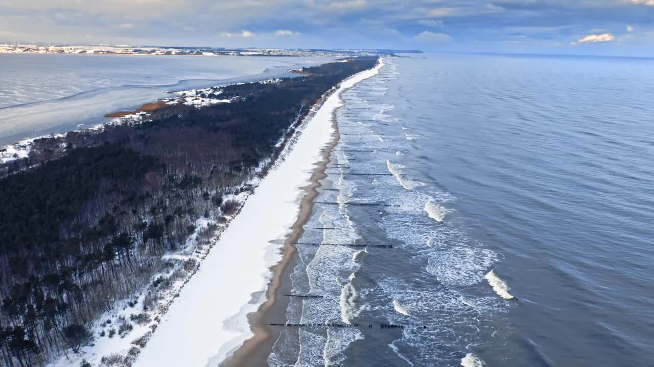 冬天的波罗的海，波兰。赫尔半岛和白雪皑皑的海滩。视频素材