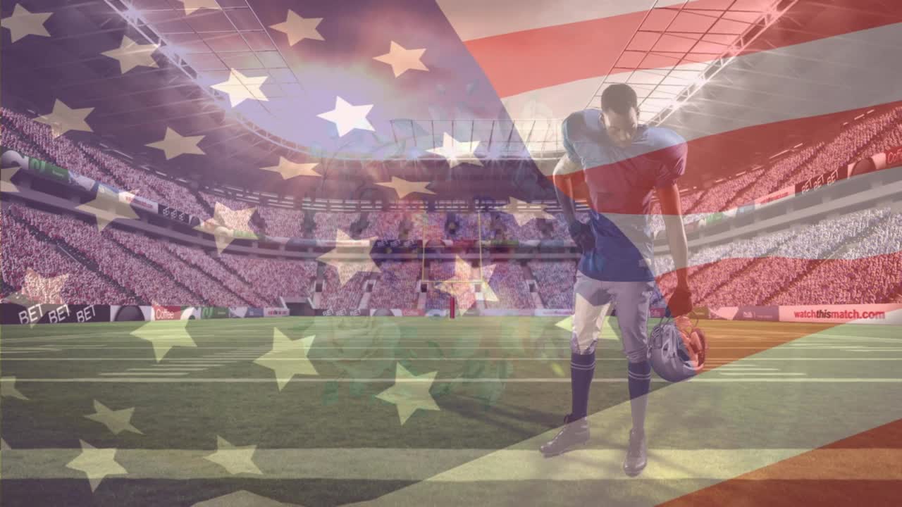 美国国旗在美式足球运动员和体育场上空飘扬的动画视频下载