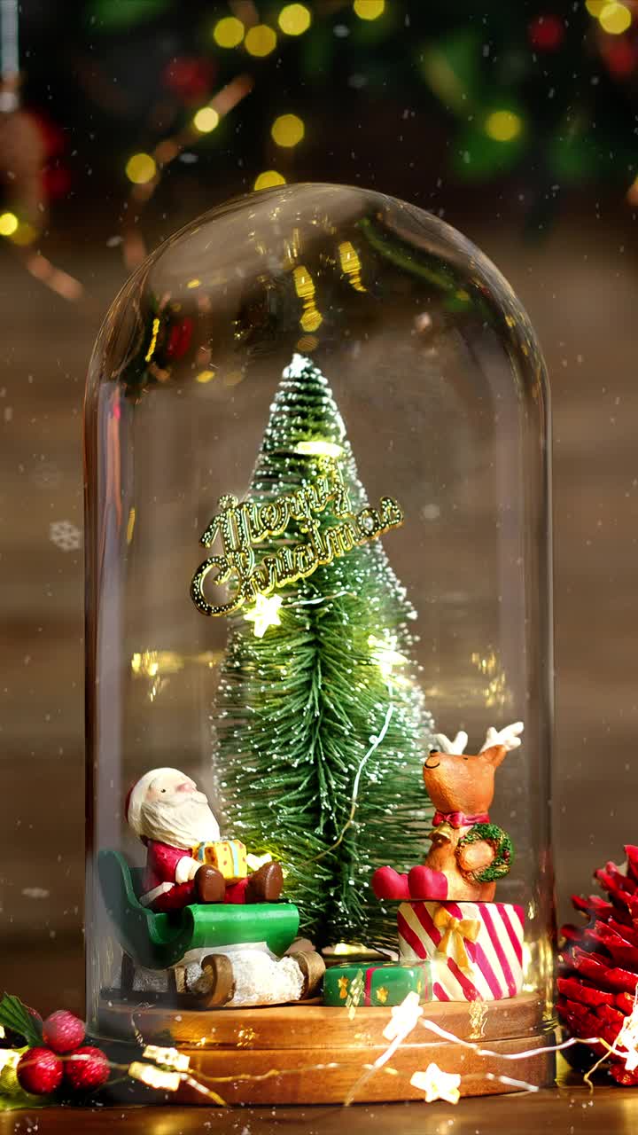 垂直圣诞快乐和新年快乐圣诞树和圣诞老人在玻璃圆顶装饰小驯鹿，松果金箔在木材背景视频素材