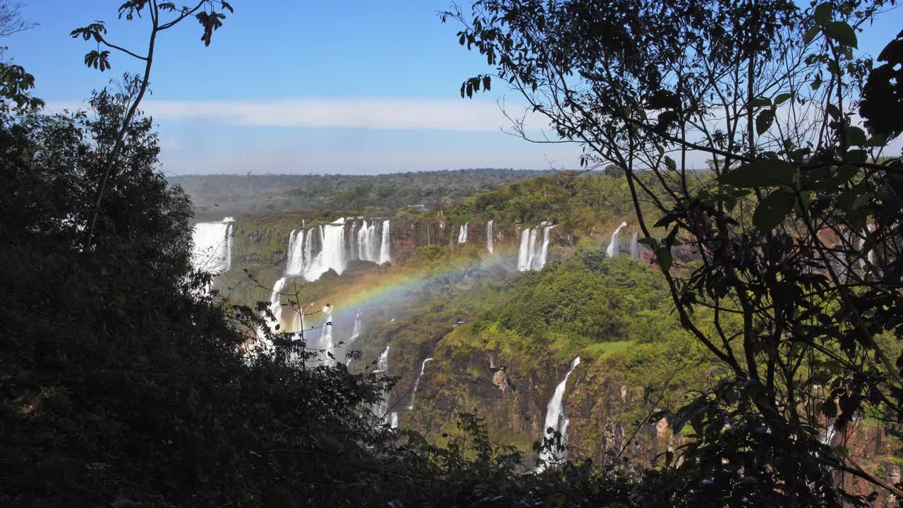 伊瓜苏瀑布树间彩虹的视频视频素材