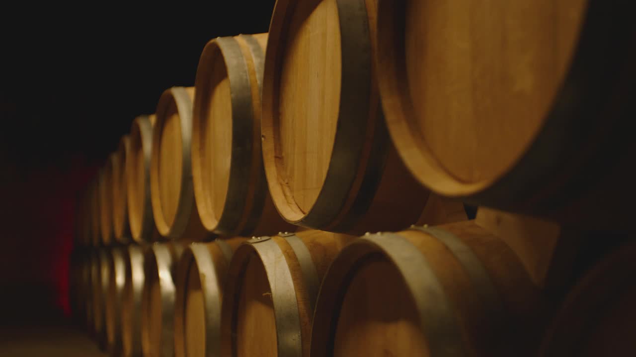 在大仓库里存放葡萄酒、白兰地或威士忌的陈年木桶。多利，万向节的运动，一长排葡萄酒桶在一个葡萄酒厂与酒精。酿酒及发酵工艺视频下载