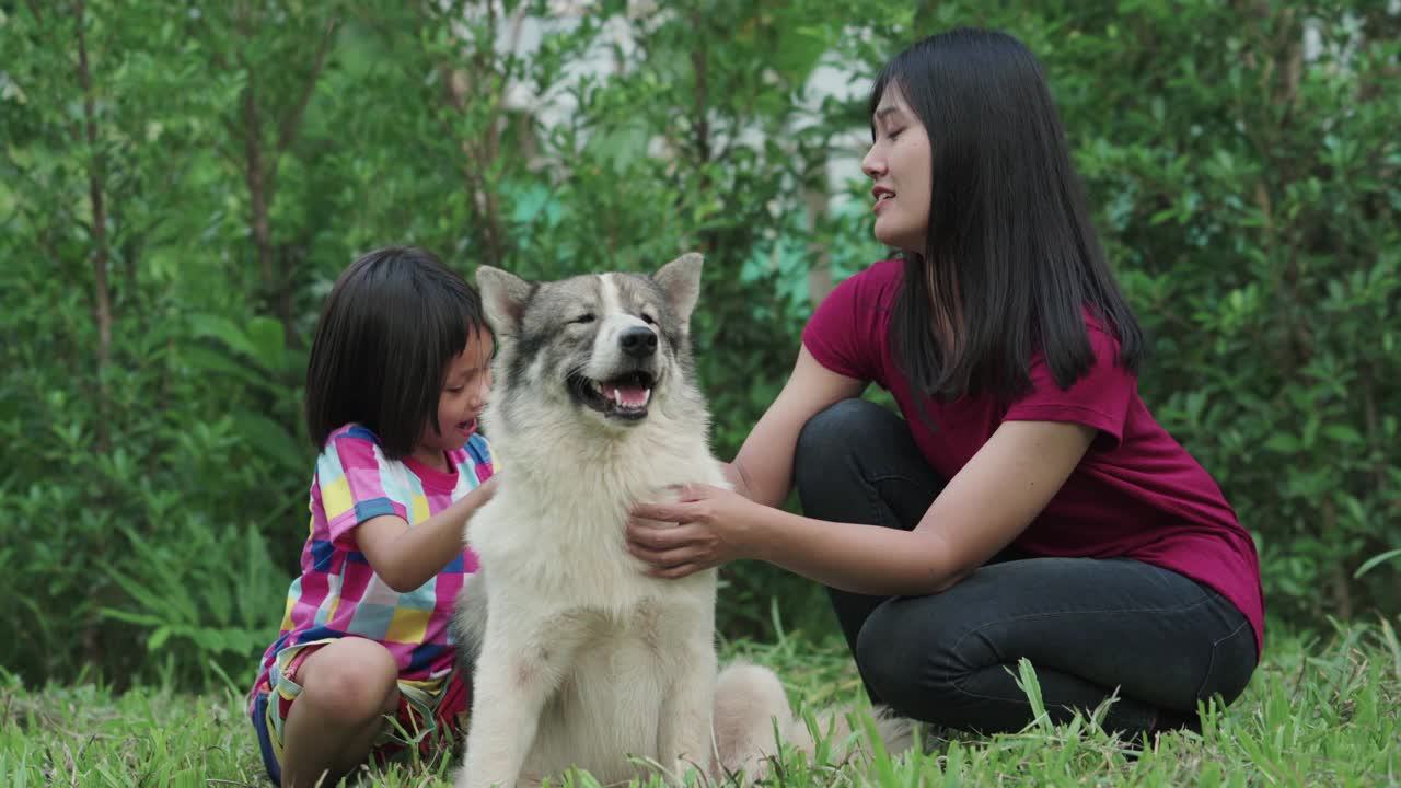 一个年轻的女人和一个小女孩在前面的花园里依偎着她的狗。视频下载