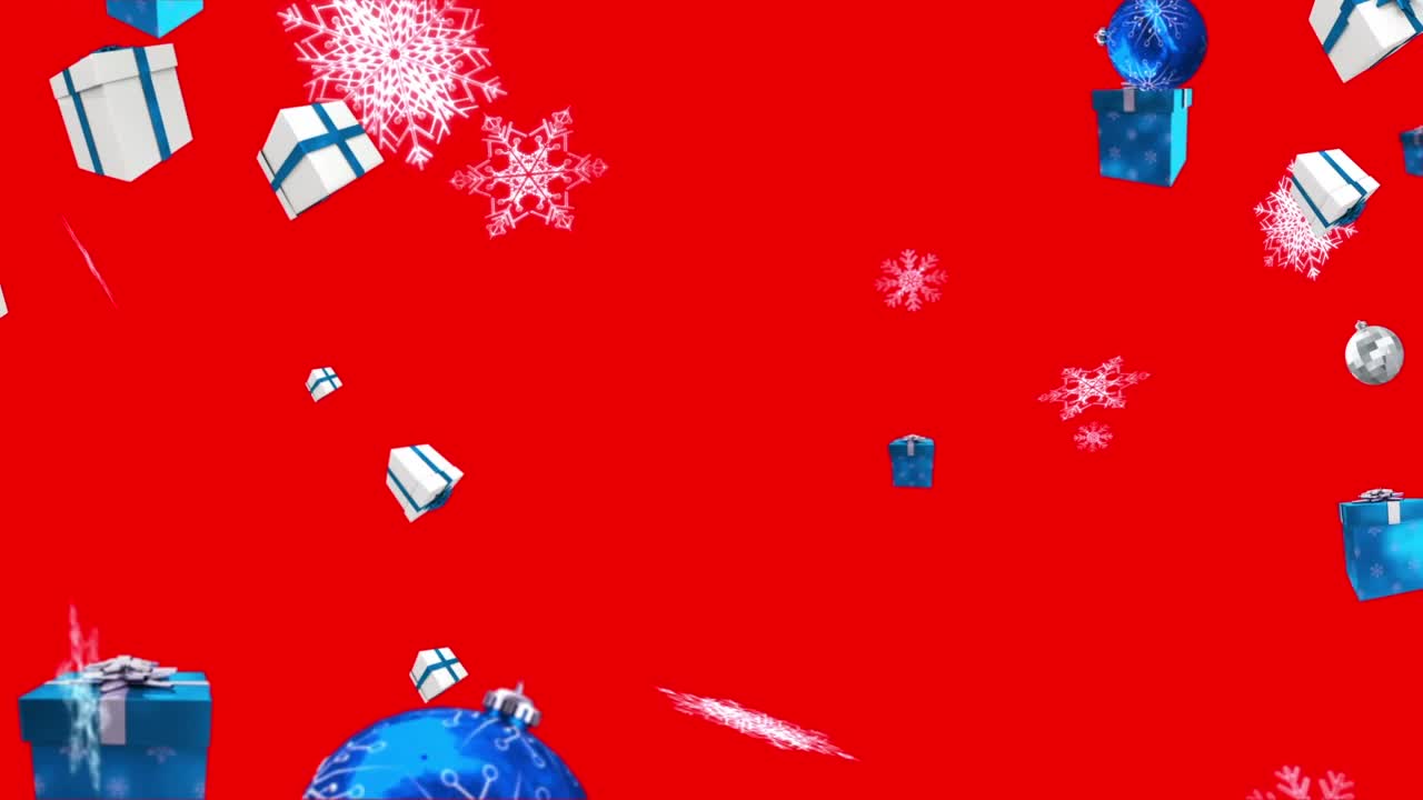 糖果藤条的动画，圣诞节的小玩意，礼物和雪花落在红色的背景视频素材