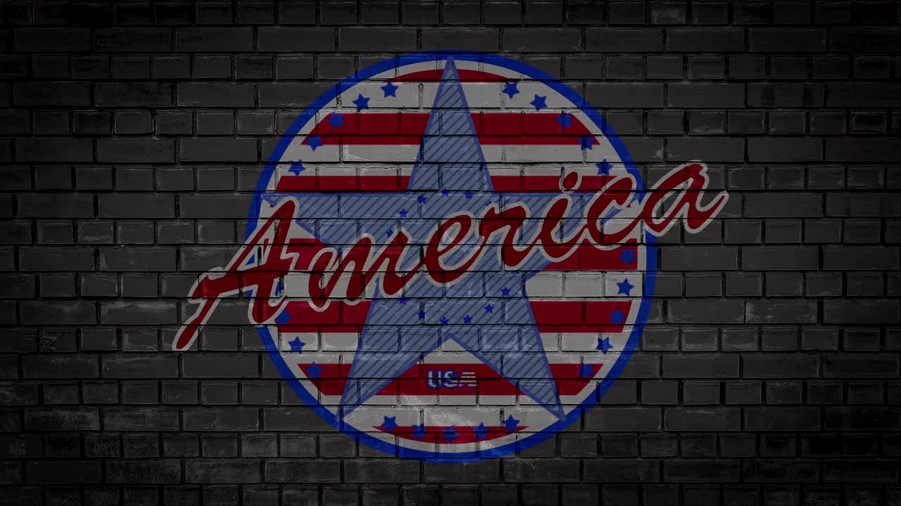 砖墙以美国标志为特色，霓虹灯辉映在美国国旗的颜色上视频下载