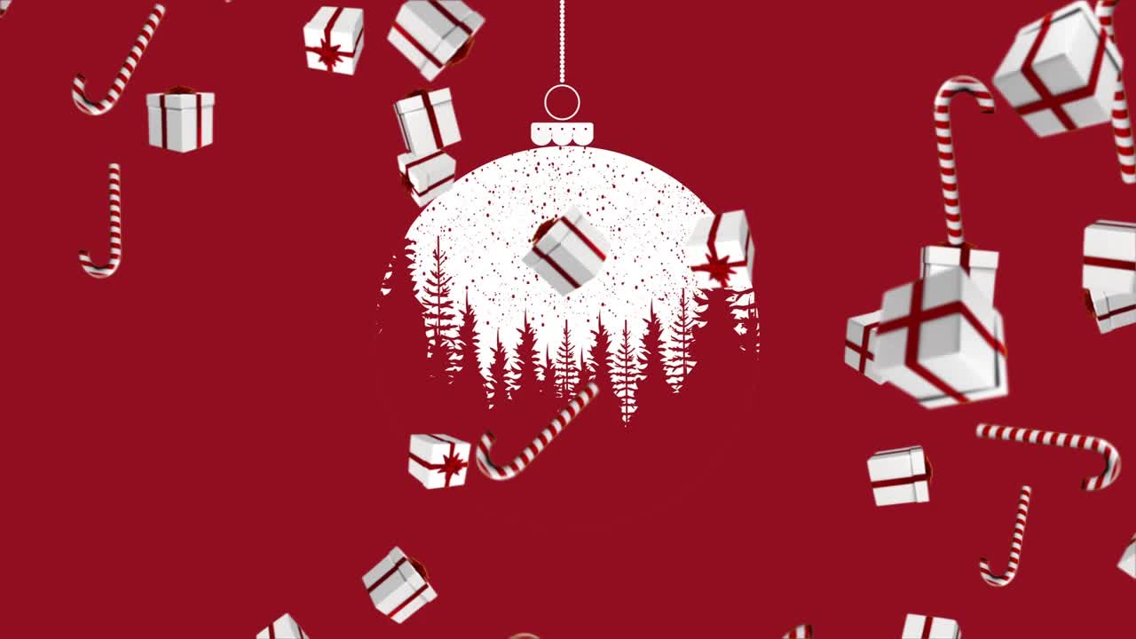 掉落糖果拐杖和礼物的动画在红色背景上的圣诞小饰物视频素材