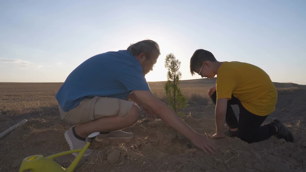 父亲和儿子在晚上植树视频下载