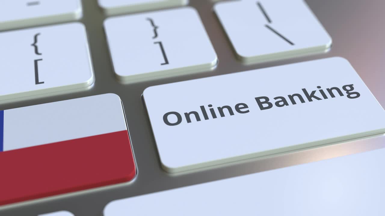 网上银行文本和键盘上的智利国旗。互联网金融相关概念3D动画视频下载