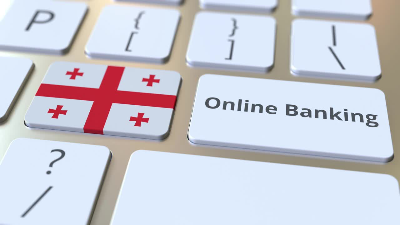 网上银行文本和键盘上的格鲁吉亚国旗。互联网金融相关概念3D动画视频下载