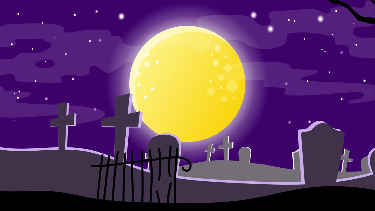 卡通万圣节旗帜恐怖的墓地。黑暗天空背景上的满月，树木的剪影，杰克灯视频素材
