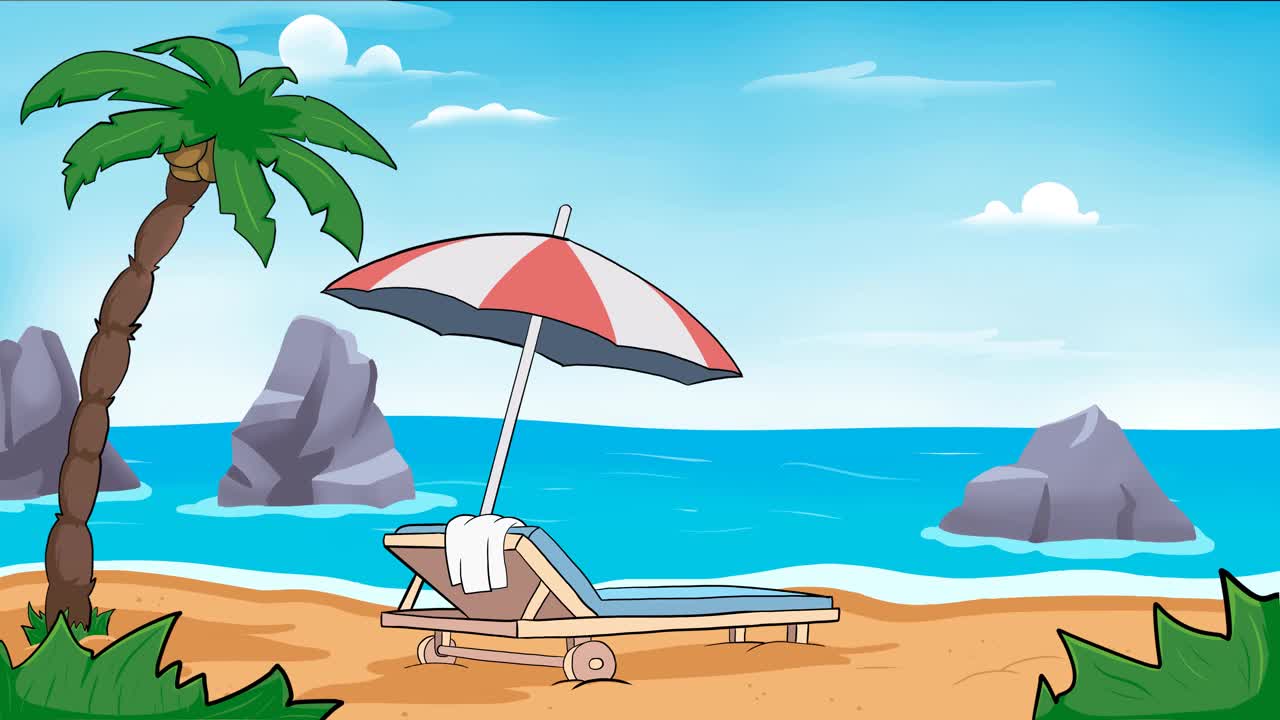 沙滩的动画与太阳床躺椅和伞。视频下载